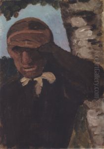 Alte Bauerin mit Hand an der Stirn