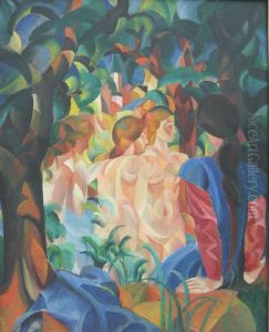 Bathing girls with city in the background by August Macke