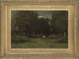 A Cow In A Woodland Clearing by Leonce Chabry
