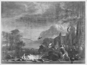 Federwild vor Schloss Bassin by Jan Weenix