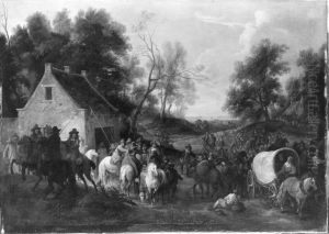 Soldaten ziehen durch ein Dorf Soldaten ziehen durch ein Dorf
