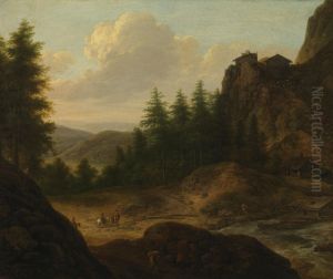 Mountain landscape with riders by Allaert van Everdingen