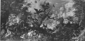 Vogel und Tiere in Felslandschaft by Roelant Savery