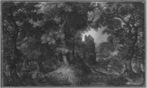 Waldlandschaft mit der Verstossung von Hagar und Ismael by Gillis van Coninxloo