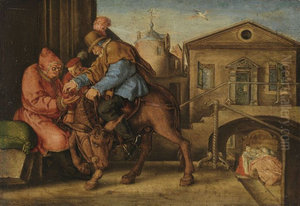 Der barmherzige Samariter bezahlt den Wirt by Heinrich Aldegrever