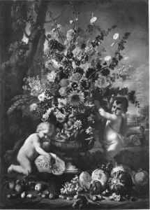 Blumen, Fruchte und Kinder am Boden eines Gartens Blumen, Fruchte und Kinder am Boden eines Gartens