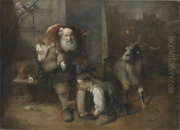 Alter Bauer mit geschultertem Kalb, junger Frau und Ziegenbock - view 1