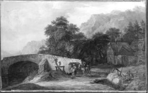 Gehoft und Steinbrucke vor einer Berglandschaft Gehoft und Steinbrucke vor einer Berglandschaft