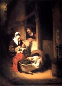 A seamstress and an old woman beside a cradle