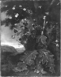 Blumen- und Distelstuck in einer Landschaft by Jan Van Huysum