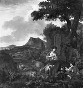 Nursing mother with a boy and a dog with sheep in a landscape Nursing mother with a boy and a dog with sheep in a landscape