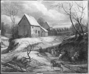 Winter landscape with fighting riders by Adam Frans van der Meulen