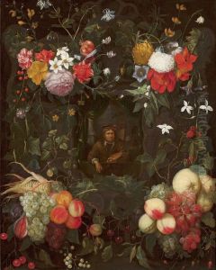 Portrait of a painter in a circle of flowers and fruit by Cornelis van Huynen