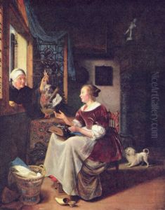 Einer jungen Frau reicht eine Alter einen Hahn durchs FensterEnglish:A young lacemaker is interrupted by a birdseller who offers her ware through the window. by Pieter Cornelisz van Slingelandt