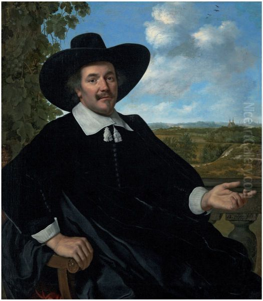Portrait of Gabriel Marselis, three-quarter-length, seated, before a balustrade, a landscape with a country house and a distant view of Haarlem beyond - view 1
