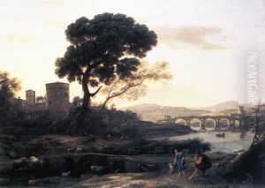 Landscape with Shepherds - The Pont Molle by Claude Lorrain (Claude Gellee)