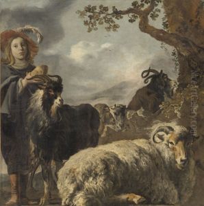 Shepherds boy with sheep and goats by unknown