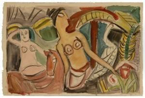 Two Semi-nude Women In A Tropical Landscape by Oliver Newberry Chaffee