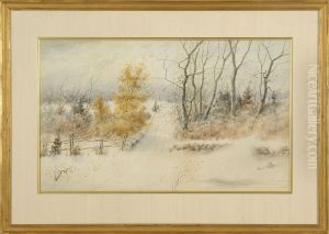 Snowy Landscape With Road, Stone Wall, And Trees by Samuel R. Chaffee
