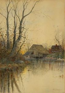 Landscape With House And Barn On A Pond by Samuel R. Chaffee