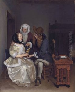 Young woman, young man and a procuress in an interior