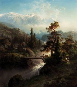 Landscape with Cattle and Waterfall by Hans Gude