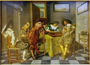 Merry company smoking, drinking and playing tric-trac (backgammon) in an interior by Dirck Hals