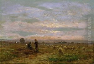 Weidende Schafe Im Abendlicht by Jean-Ferdinand Chaigneau