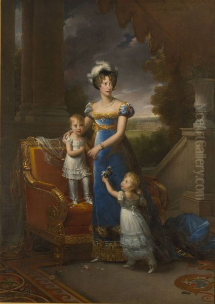 Portrait of la duchesse de Berry et ses enfants, Louise-Marie-Therese et Henri of Artois devant le Chateau de Rosny - view 1