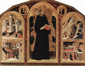 Stehender Augustinus, dem ein Engel ins Ohr flustert, Aussentafeln: Szenen mit Wunderheilungen des Hl. Augustinus