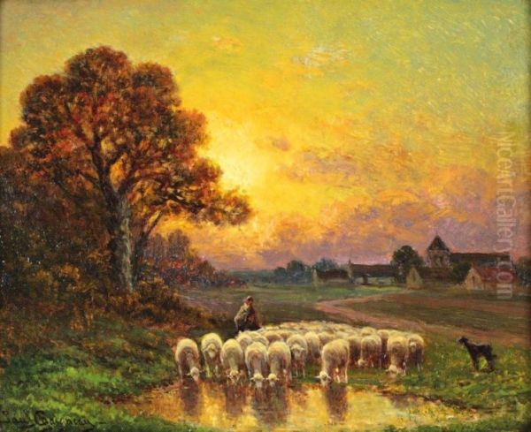 Troupeau De Moutons A La Mare, Chailly by Paul Chaigneau