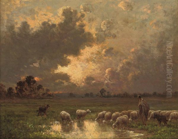 A Shepherd Watering His Flock At Dusk - view 1