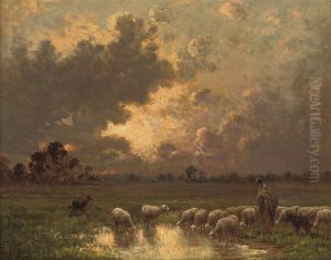 A Shepherd Watering His Flock At Dusk