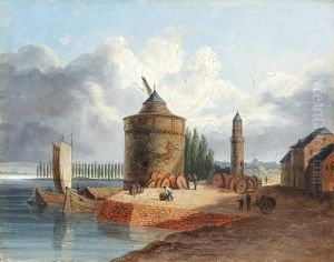 Rheinufer Mit Machtigem Rundturm, Ankernden Booten Und Arbeitern