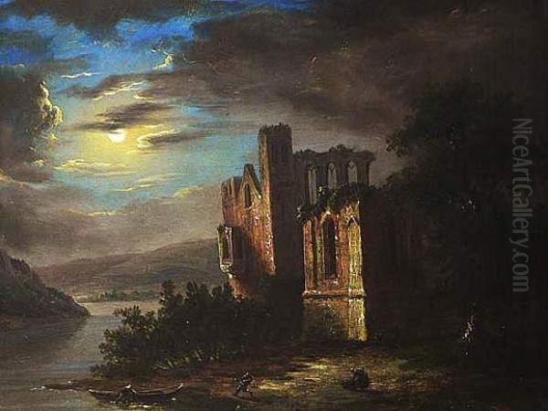 Ruine Au Bord D'un Lac Au Clair De Lune Et Deux Nochers Tirant Une Barque - view 1