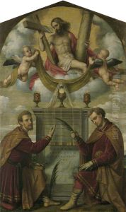 Christ with the Eucharist and Saints Cosmas and Damian by Alessandro Bonvicino (Moretto da Brescia)