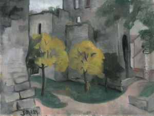 Visby - Yellow trees in front of ruins by unknown