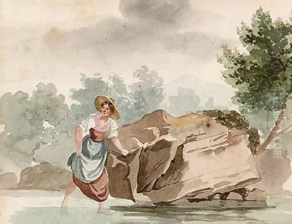A Young Woman Wading In The Water In A Landscape - view 1