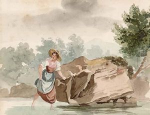 A Young Woman Wading In The Water In A Landscape by Georges Pierre Chaix