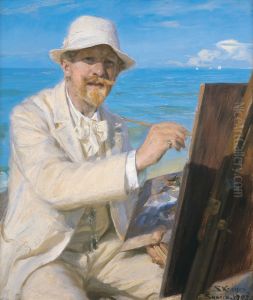 Self-Portrait, Sitting by His Easel at Skagen Beach by Peder Severin Kroyer