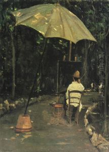 Il pittore Tommasi che dipinge in giardino