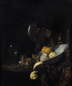 Still life with nautilus cup, porcelain bowl with fruit and glasses by Willem Kalf