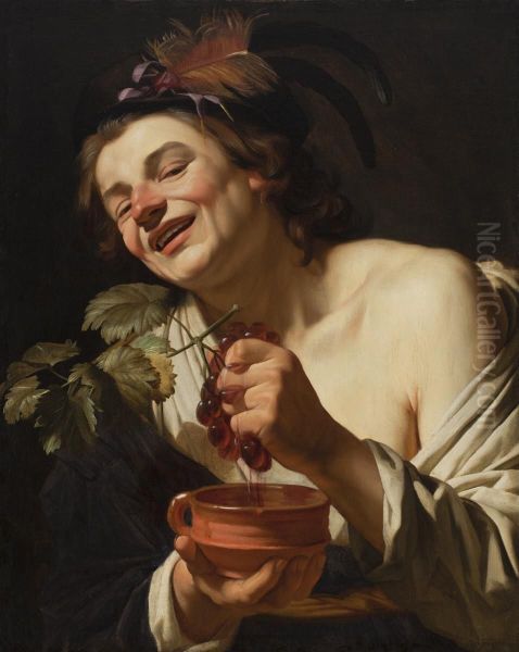 Smiling Young Man Squeezing Grapes - view 1