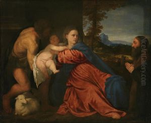 Maria mit Kind, Johannes dem Taufer und einem Stifter by Titianand workshop
