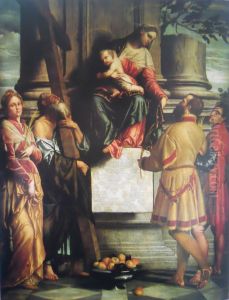 Madonna enthroned with child with saints by Alessandro Bonvicino (Moretto da Brescia)