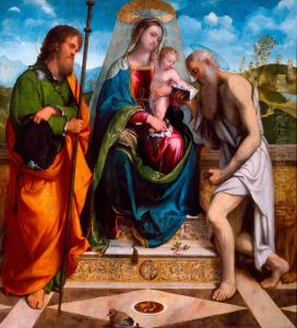 Madonna enthroned with child with Saints James the Greater and Jerome by Alessandro Bonvicino (Moretto da Brescia)