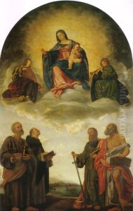 Madonna and child in heaven with four saints by Giovanni Girolamo Savoldo