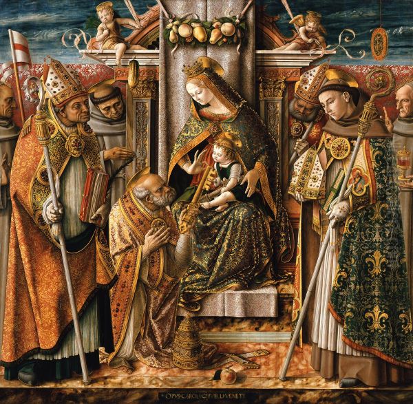 Enthroned Madonna with the child, the handing over of the keys to the Apostle Peter and saints - view 1