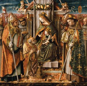 Enthroned Madonna with the child, the handing over of the keys to the Apostle Peter and saints by Carlo Crivelli
