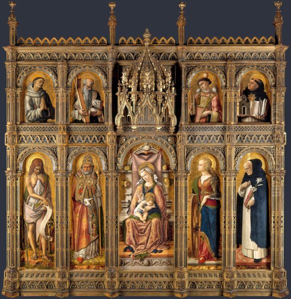 Altar von San Domenico in Ascoli, Polyptychon, Gesamtansicht, Mitteltafel: Thronende Madonna, linke und rechte Tafeln sowie oberes Register: Heilige - view 1